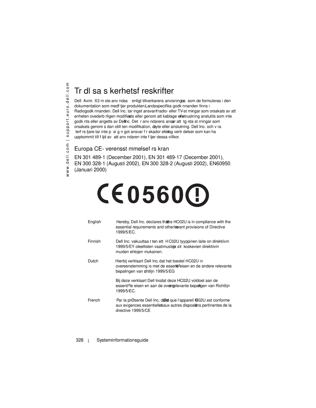 Dell X3 manual Trådlösa säkerhetsföreskrifter, Europa-CE-överensstämmelseförsäkran, Systeminformationsguide 