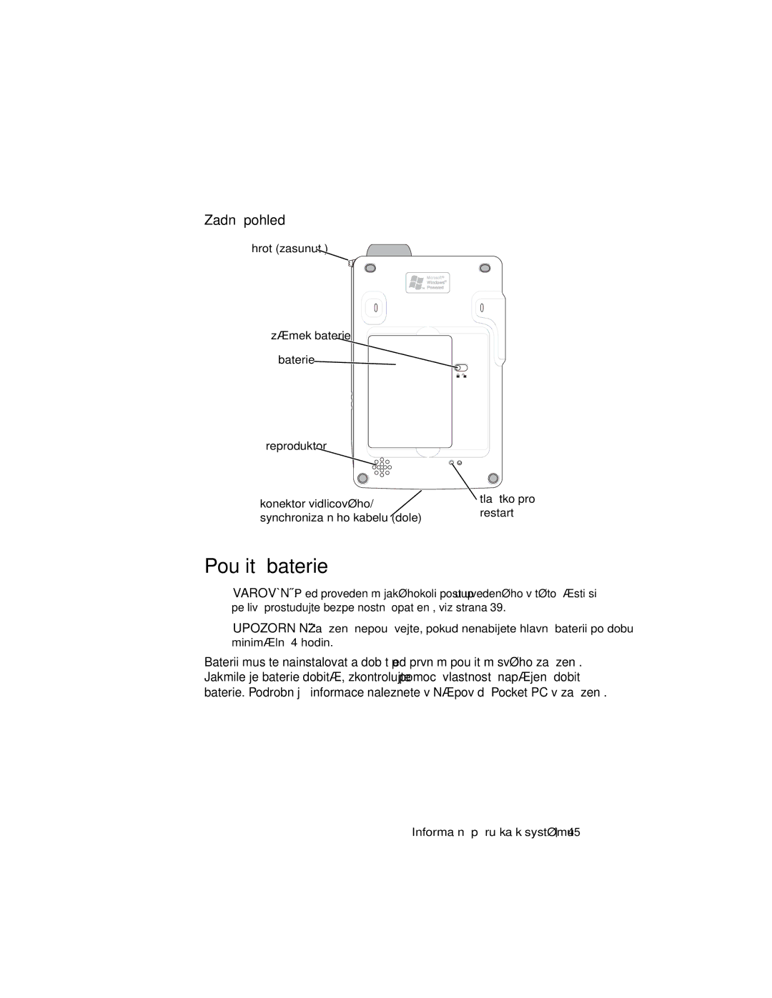 Dell X3 manual Pouűití baterie, Zadní pohled, Restart, Synchronizačního kabelu dole 