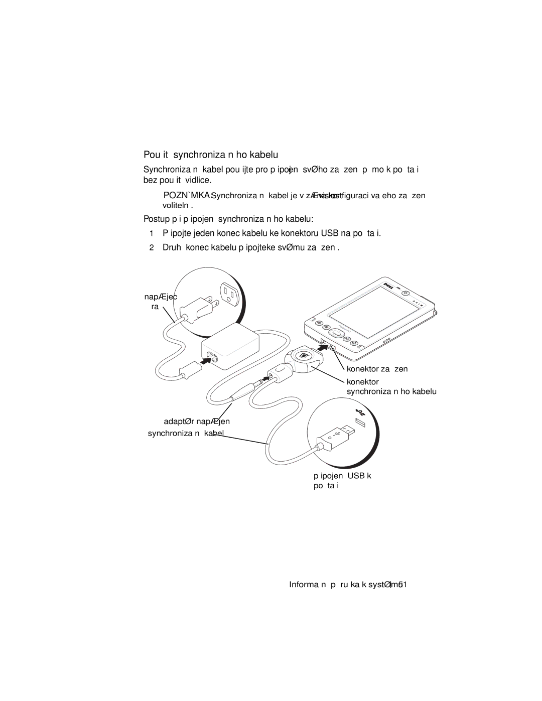 Dell X3 manual Pouűití synchronizačního kabelu, Napájecí Šňůra Konektor zařízení, Adaptér napájení Synchronizační kabel 