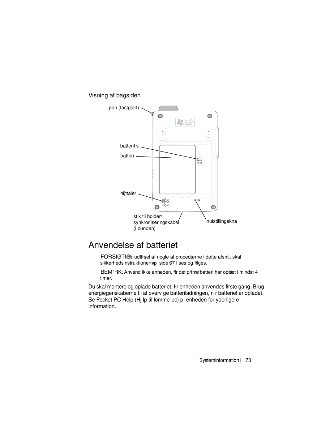 Dell X3 manual Anvendelse af batteriet, Visning af bagsiden 