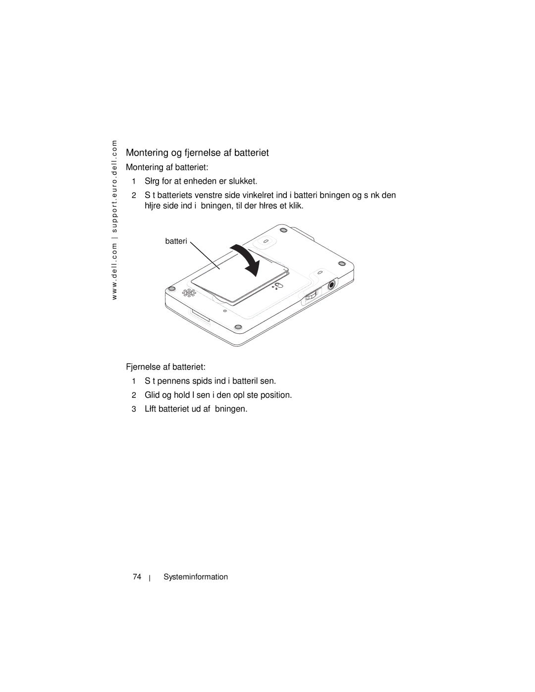 Dell X3 manual Montering og fjernelse af batteriet, Batteri 