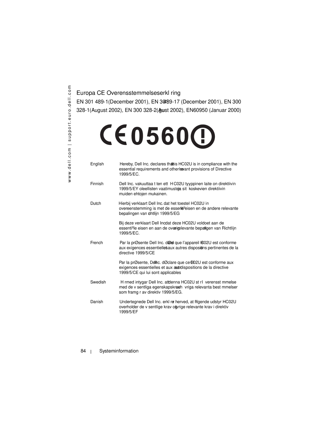 Dell X3 manual Europa-CE Overensstemmelseserklæring 