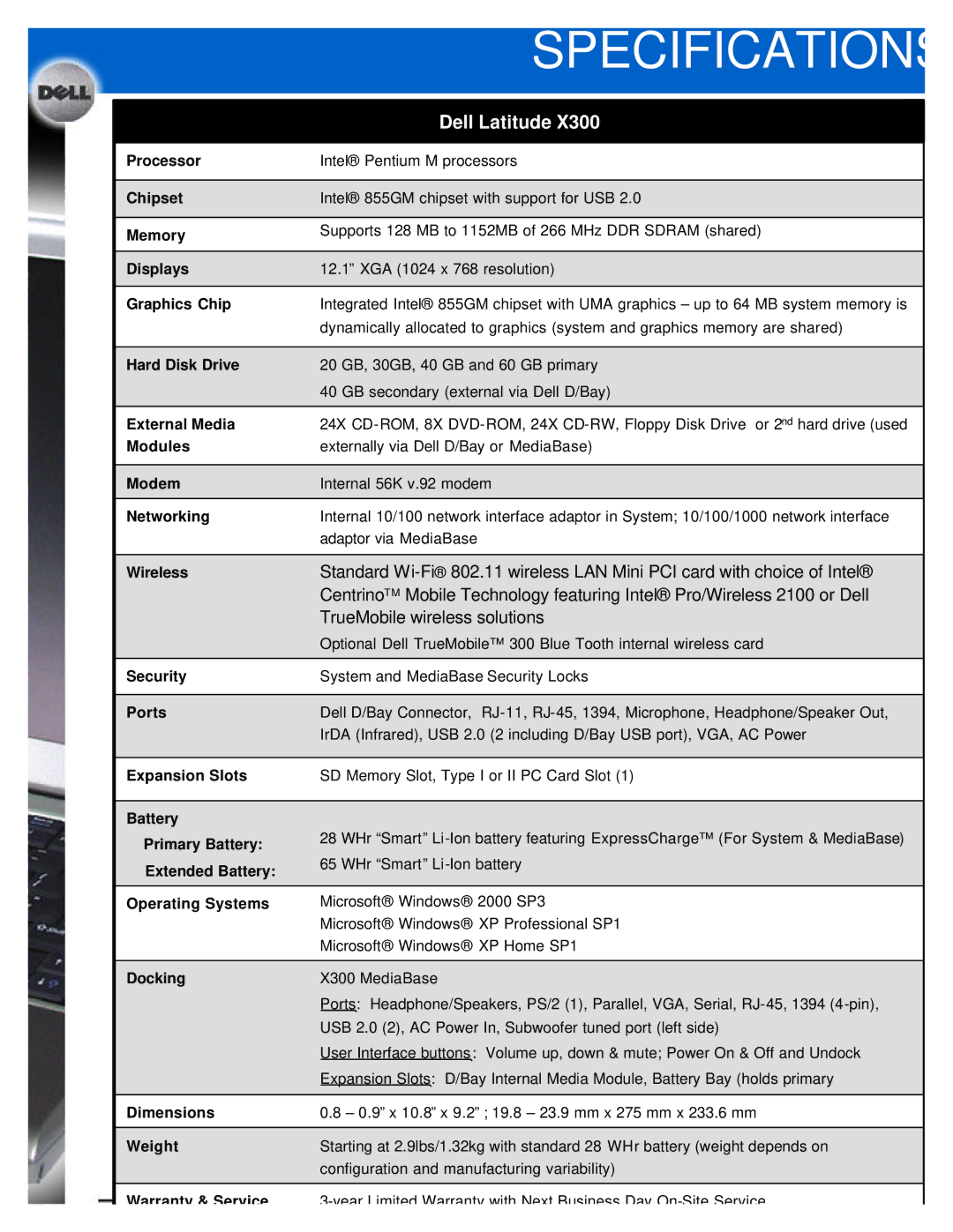 Dell X300 manual Specifications 