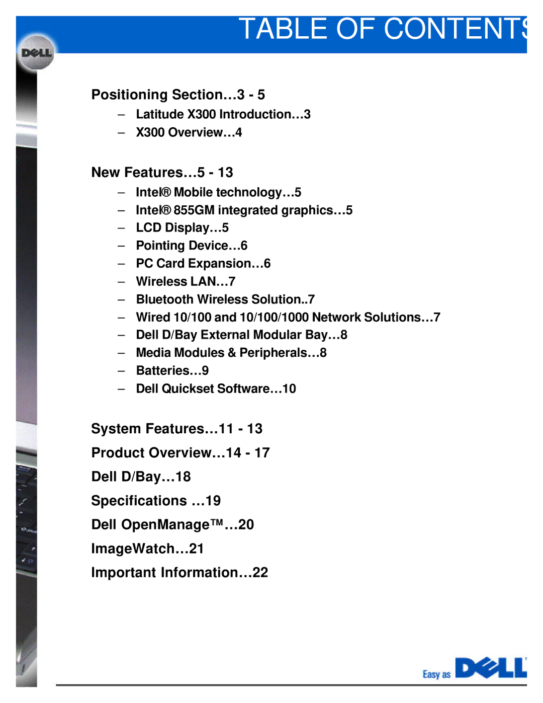 Dell X300 manual Table of Contents 