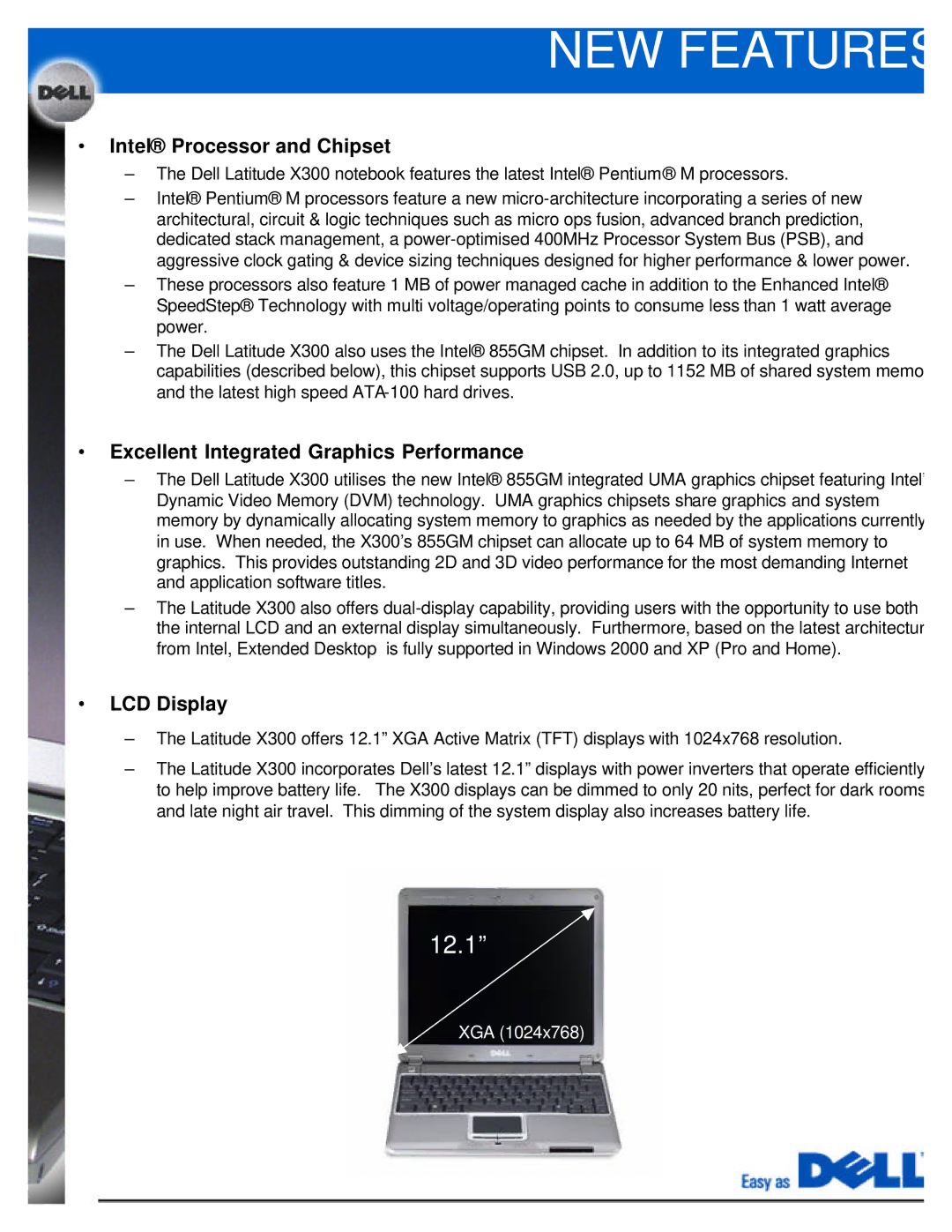 Dell X300 manual NEW Features, Intel Processor and Chipset, Excellent Integrated Graphics Performance, LCD Display 