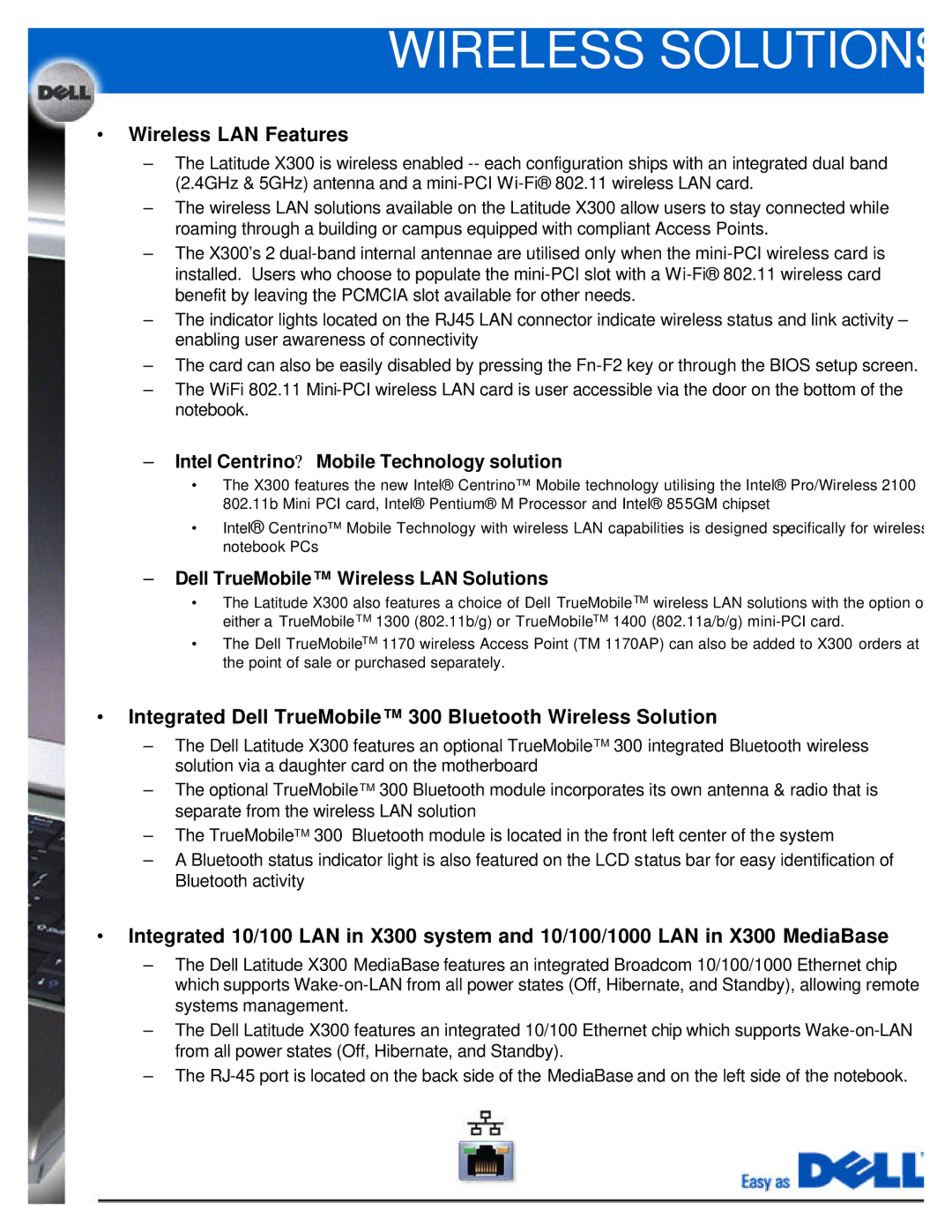 Dell X300 manual Wireless Solutions, Wireless LAN Features, Integrated Dell TrueMobile 300 Bluetooth Wireless Solution 