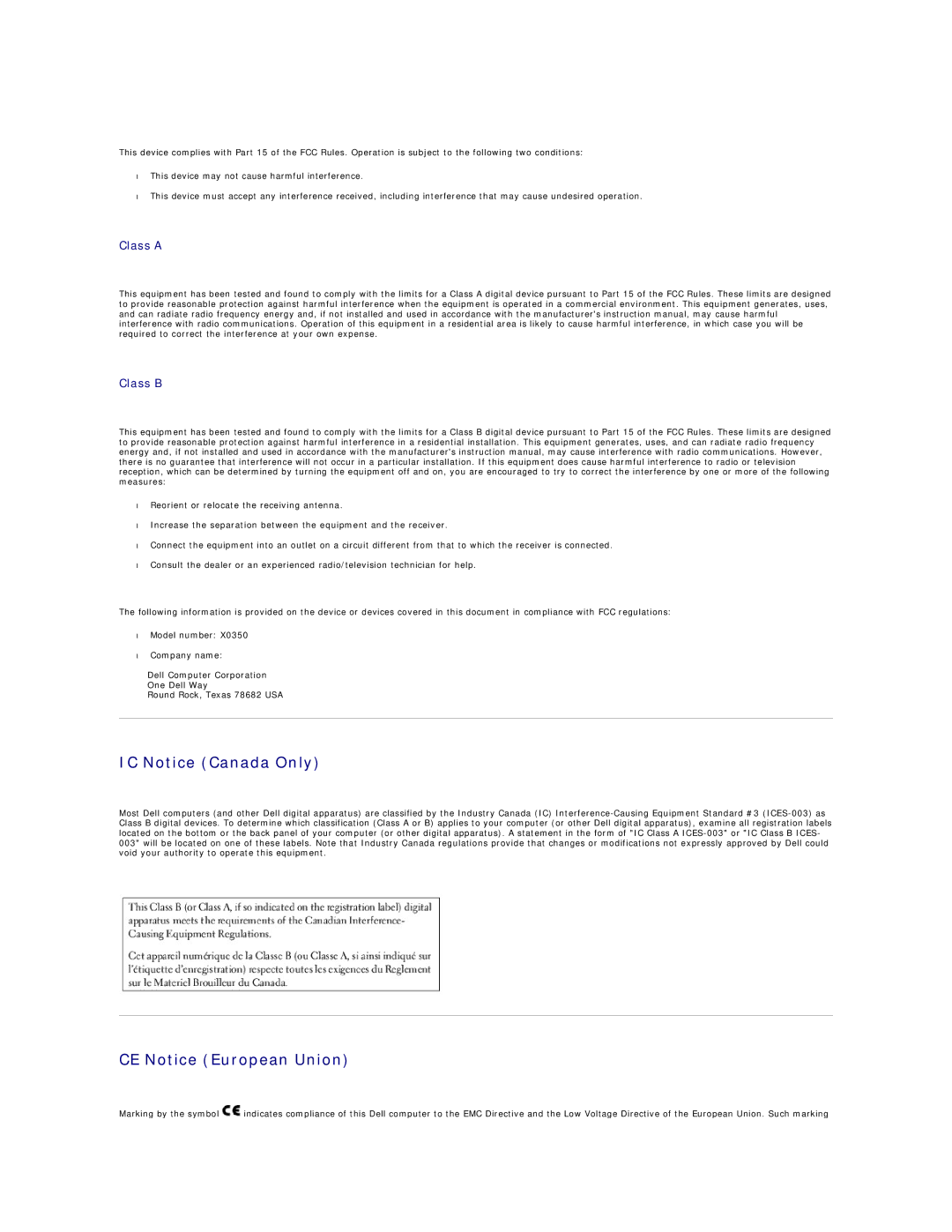 Dell X300 warranty IC Notice Canada Only, CE Notice European Union, Class a Class B 