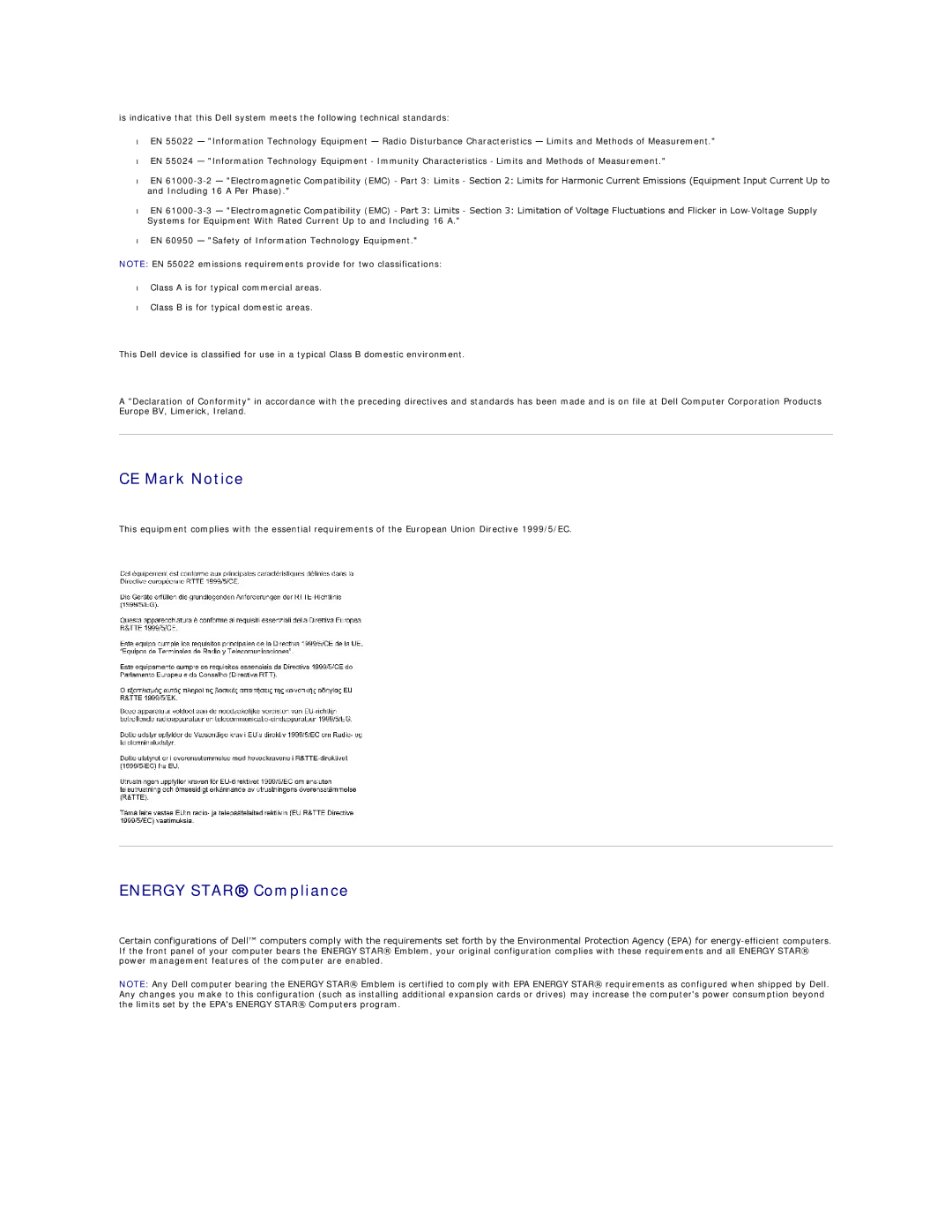 Dell X300 warranty CE Mark Notice, Energy Star Compliance 