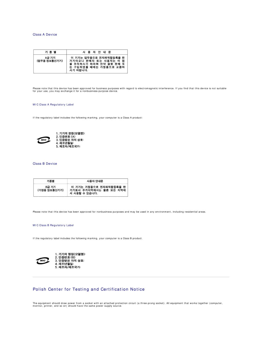 Dell X300 warranty Polish Center for Testing and Certification Notice, Class a Device, Class B Device 