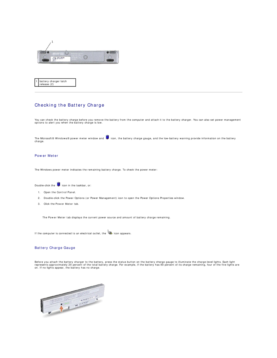 Dell X300 warranty Checking the Battery Charge, Power Meter, Battery Charge Gauge 