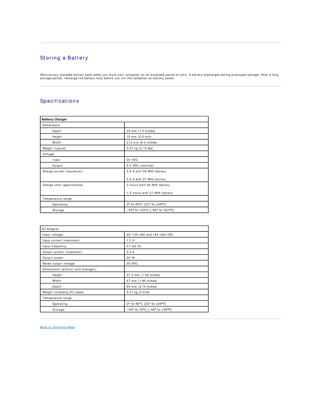 Dell X300 warranty Storing a Battery, Specifications 