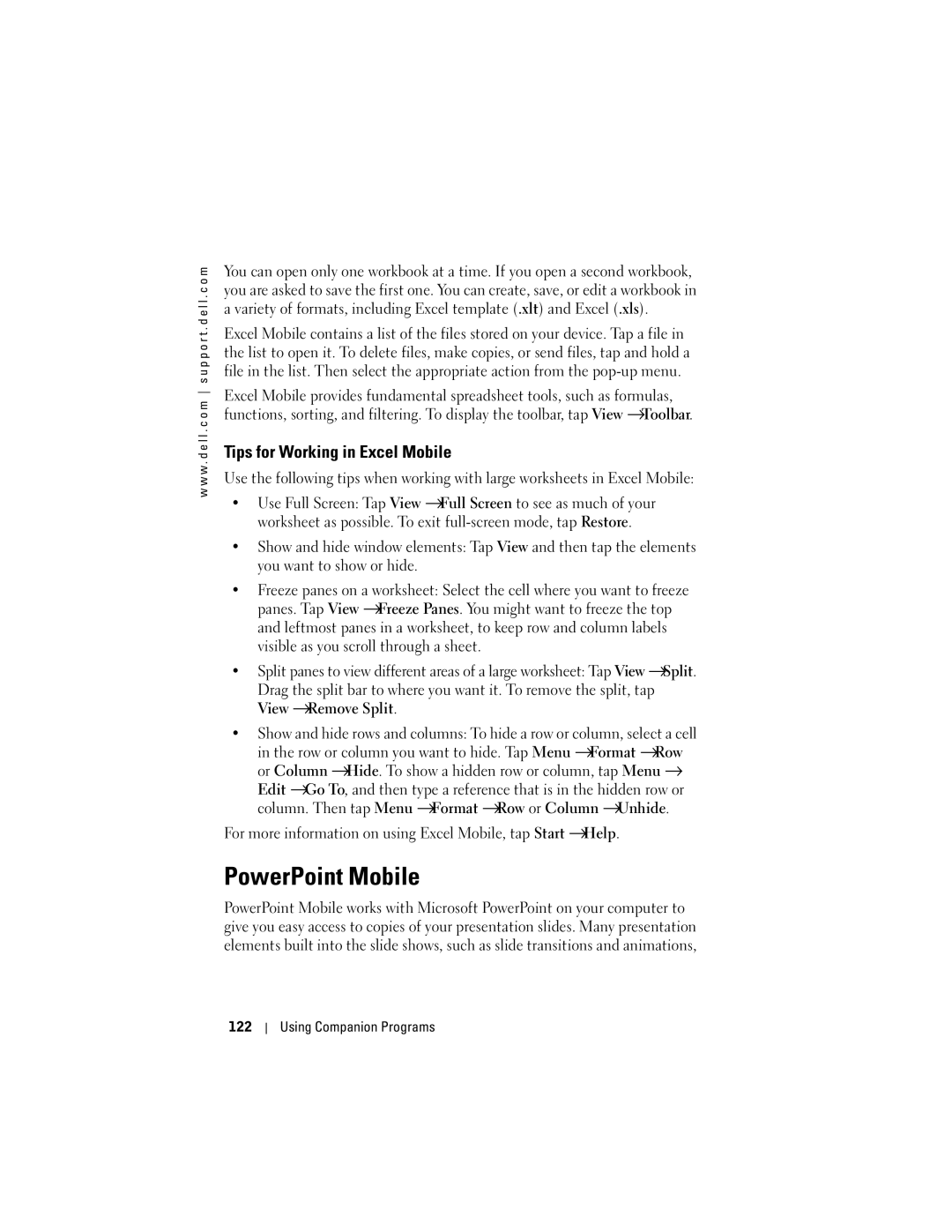 Dell X50, C03UL owner manual PowerPoint Mobile, Tips for Working in Excel Mobile 