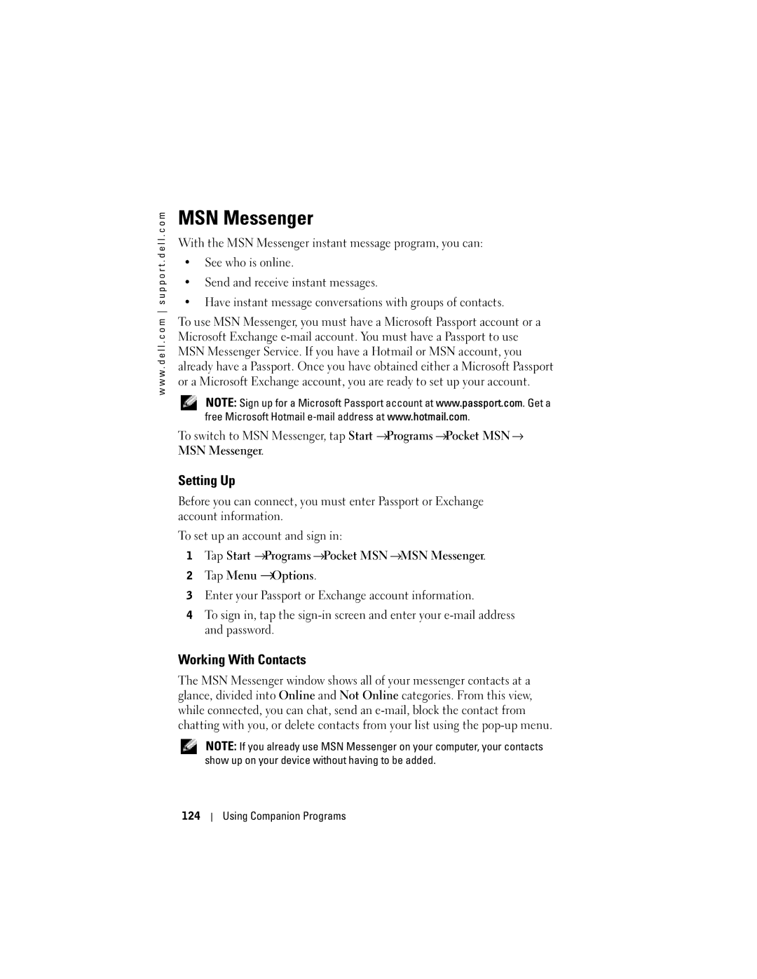 Dell X50, C03UL owner manual MSN Messenger, Setting Up, Working With Contacts 