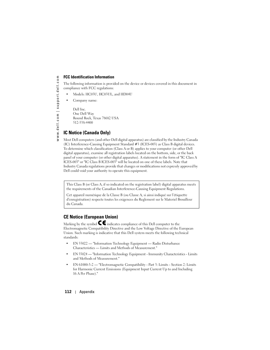 Dell HC03UL, X50, HD04U IC Notice Canada Only, CE Notice European Union, FCC Identification Information, Appendix 