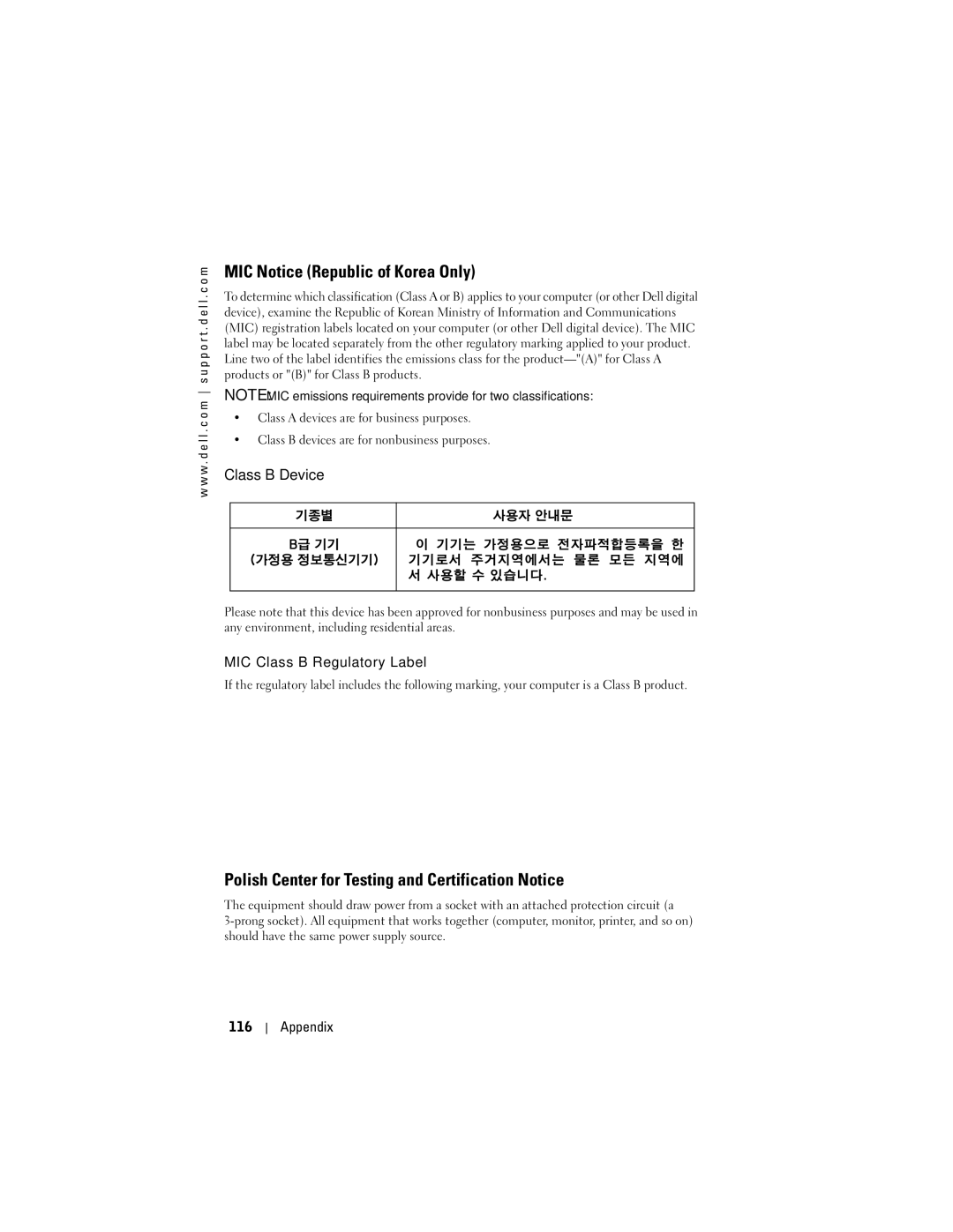 Dell HD04U MIC Notice Republic of Korea Only, Polish Center for Testing and Certification Notice, Class B Device, Appendix 