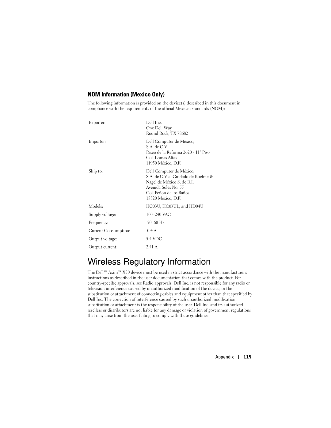 Dell HD04U, X50, HC03UL owner manual Wireless Regulatory Information, NOM Information Mexico Only, Appendix 119 