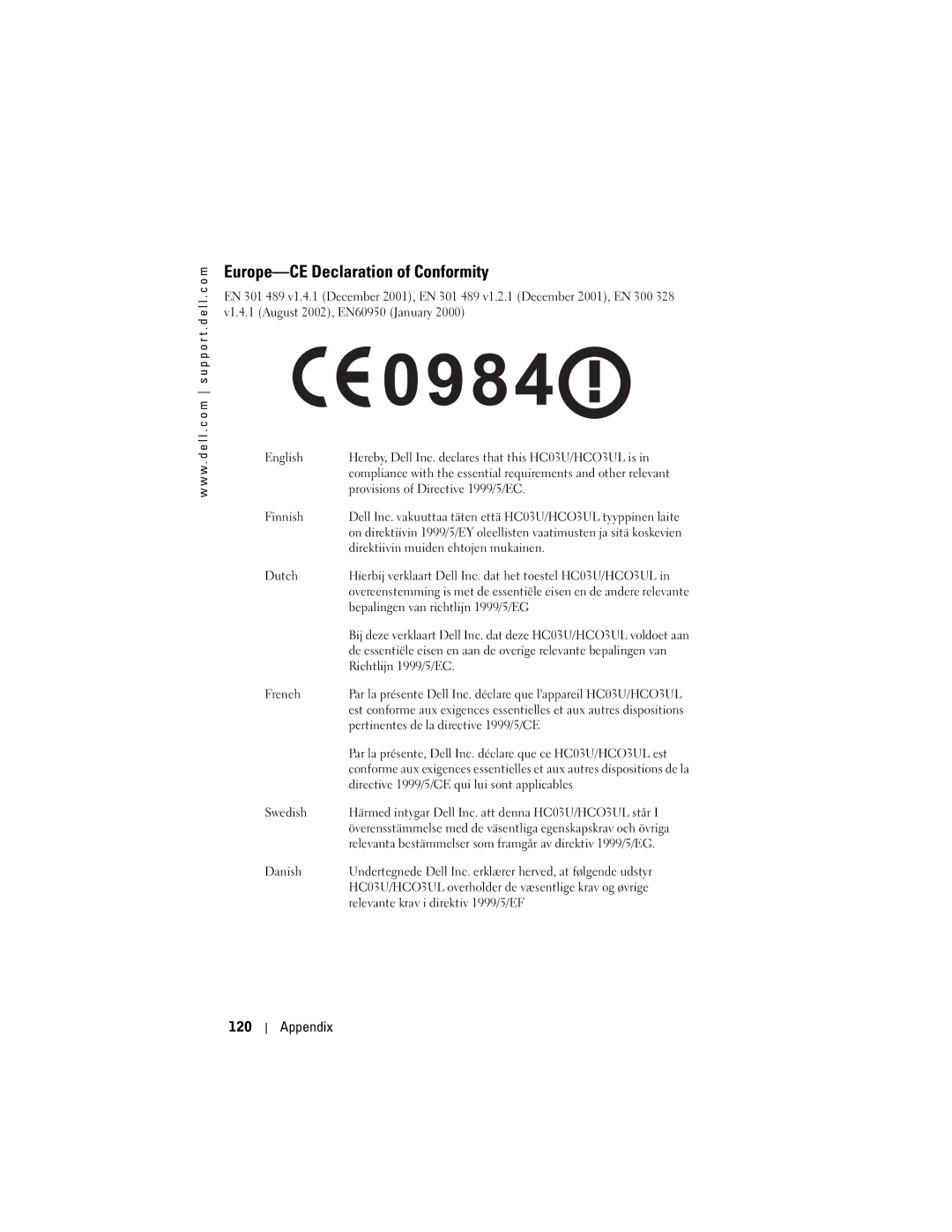 Dell X50, HC03UL, HD04U owner manual Europe-CE Declaration of Conformity, Appendix 