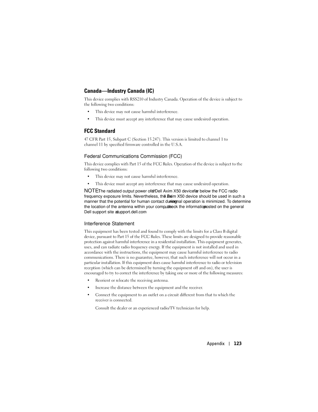 Dell X50, HC03UL Canada-Industry Canada IC, FCC Standard, Federal Communications Commission FCC, Interference Statement 