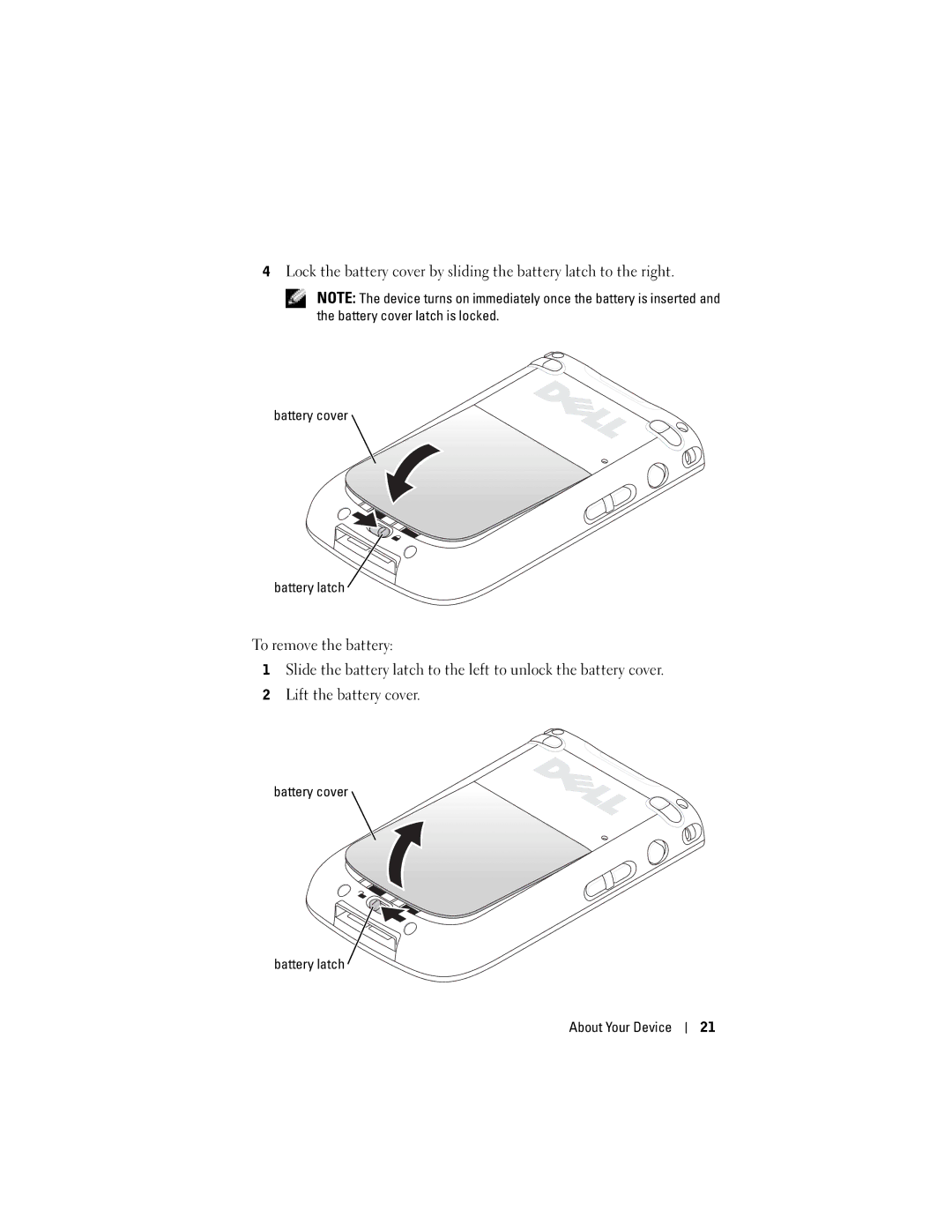 Dell X50, HC03UL, HD04U owner manual Battery cover Battery latch About Your Device 