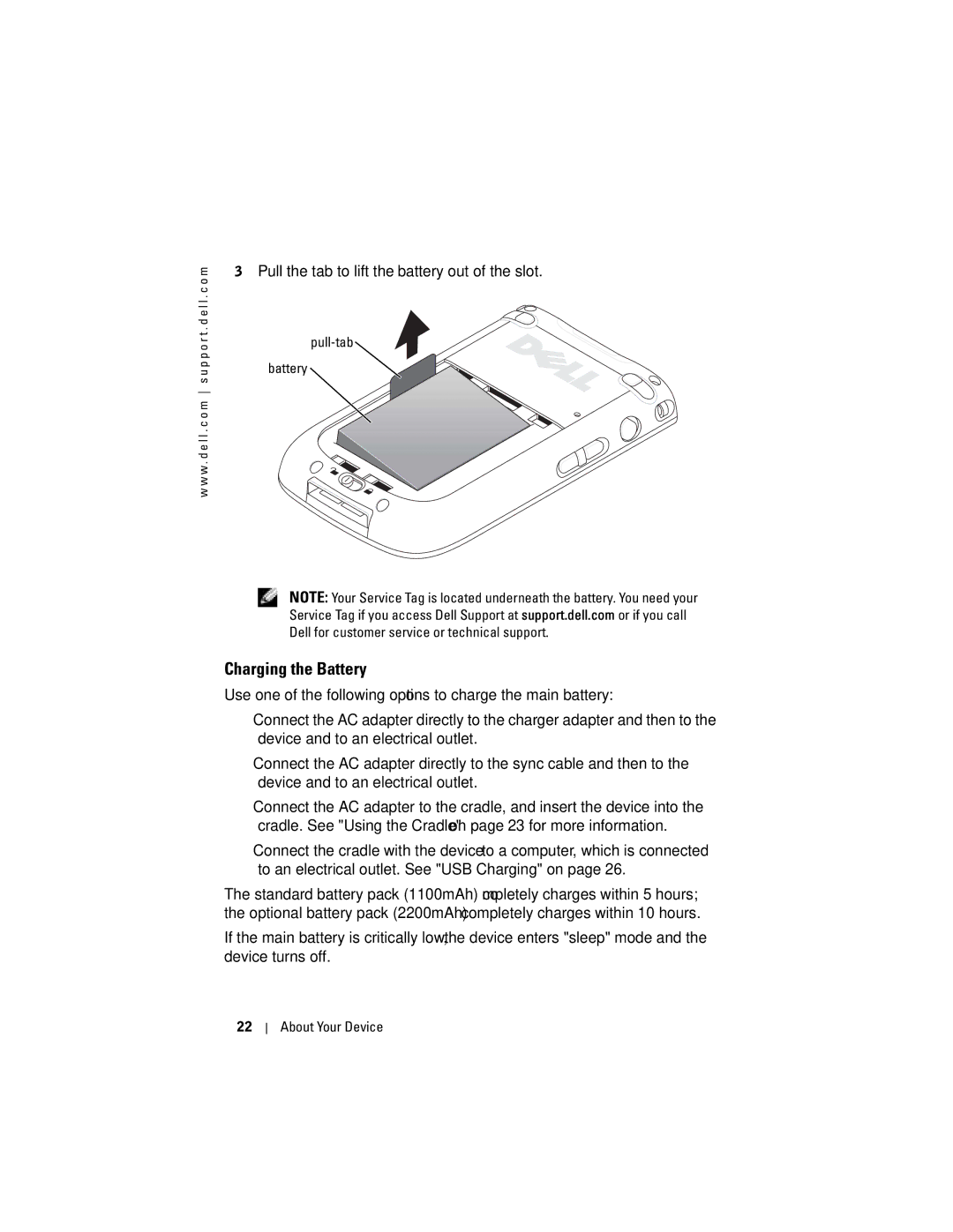 Dell HC03UL, X50, HD04U owner manual Charging the Battery, Pull-tab Battery 