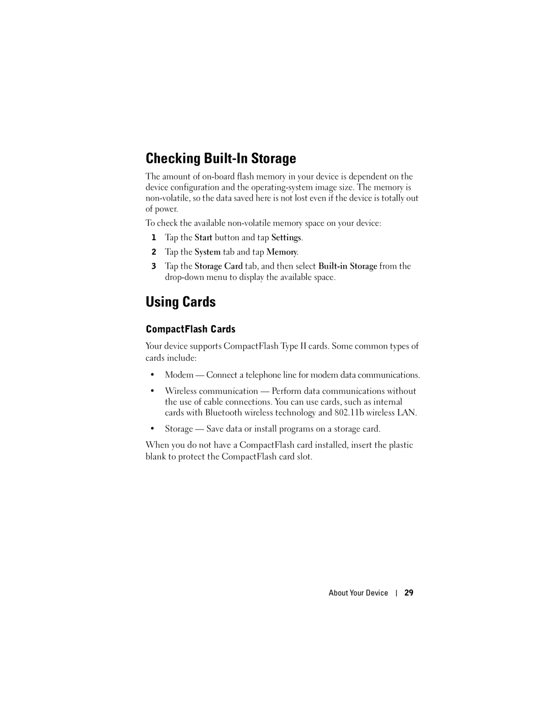 Dell HD04U, X50, HC03UL owner manual Checking Built-In Storage, Using Cards, CompactFlash Cards 