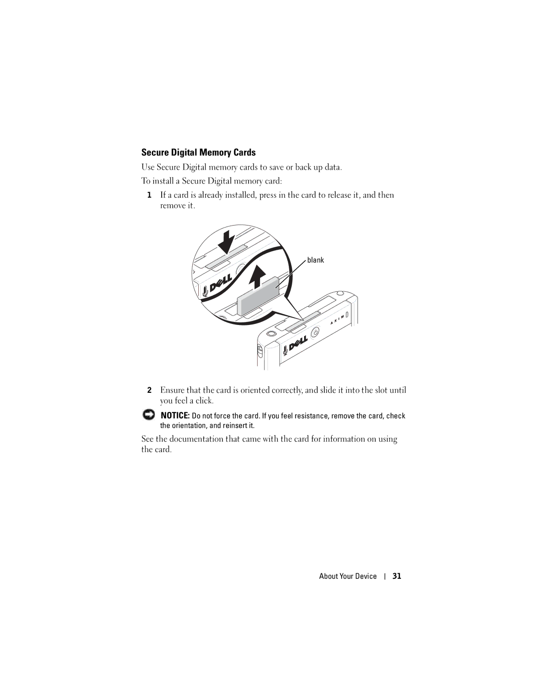 Dell HC03UL, X50, HD04U owner manual Secure Digital Memory Cards, Blank 