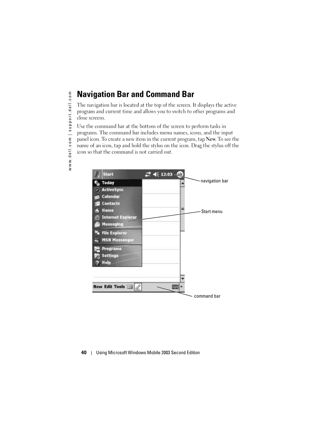 Dell HC03UL, X50, HD04U owner manual Navigation Bar and Command Bar 