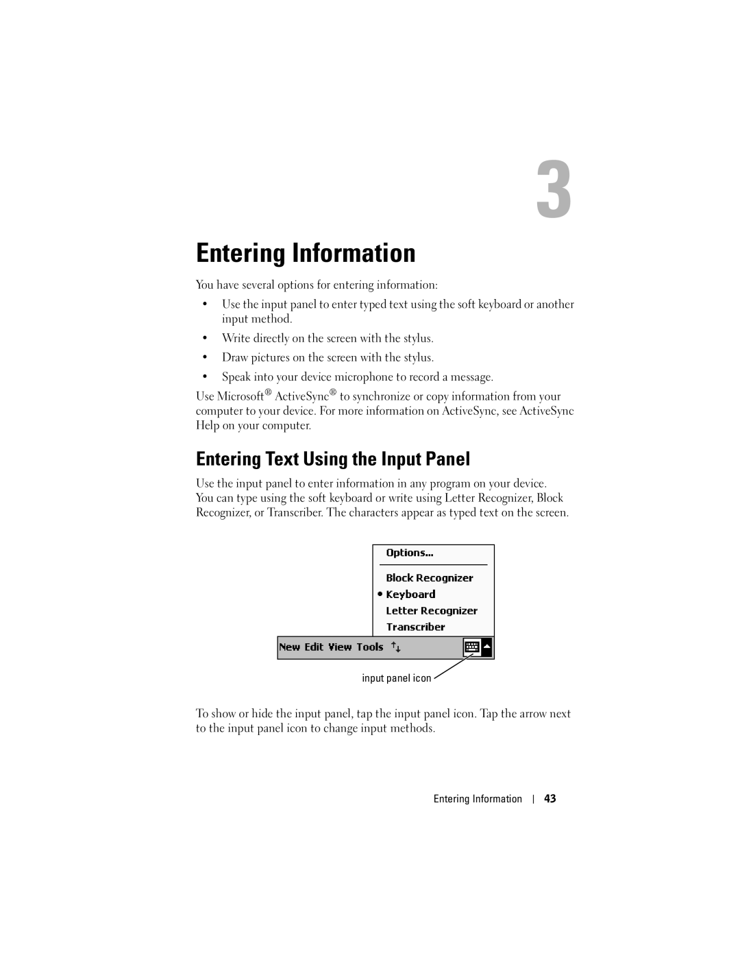 Dell HC03UL, X50, HD04U owner manual Entering Text Using the Input Panel, Input panel icon, Entering Information 