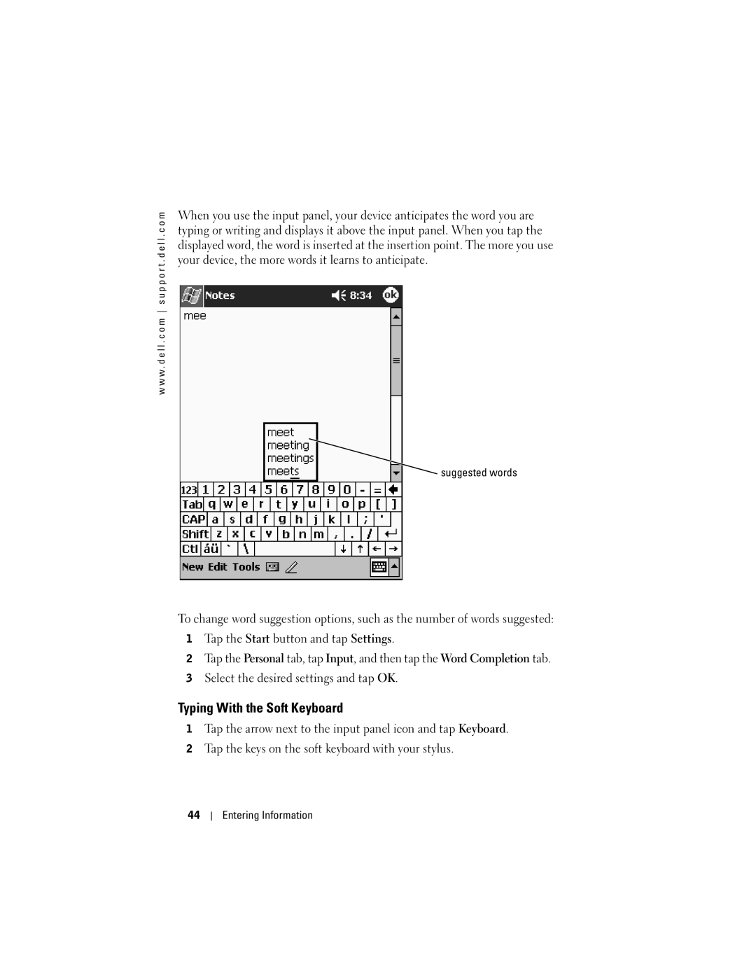 Dell HD04U, X50, HC03UL owner manual Typing With the Soft Keyboard, Suggested words 