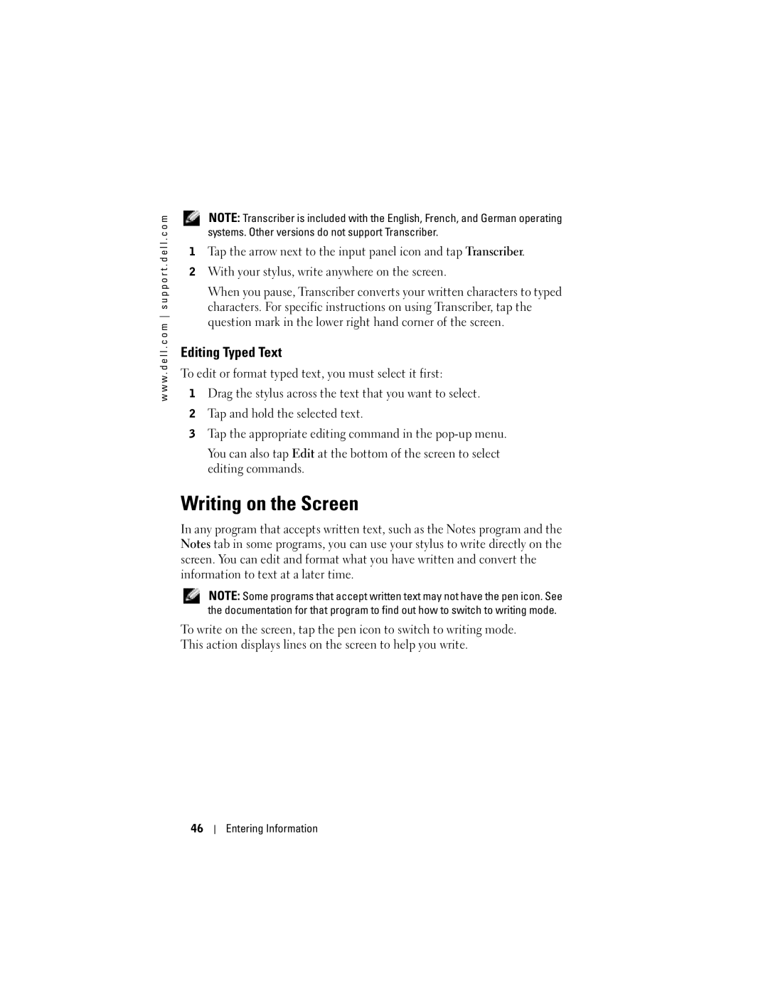 Dell HC03UL, X50, HD04U owner manual Writing on the Screen, Editing Typed Text 