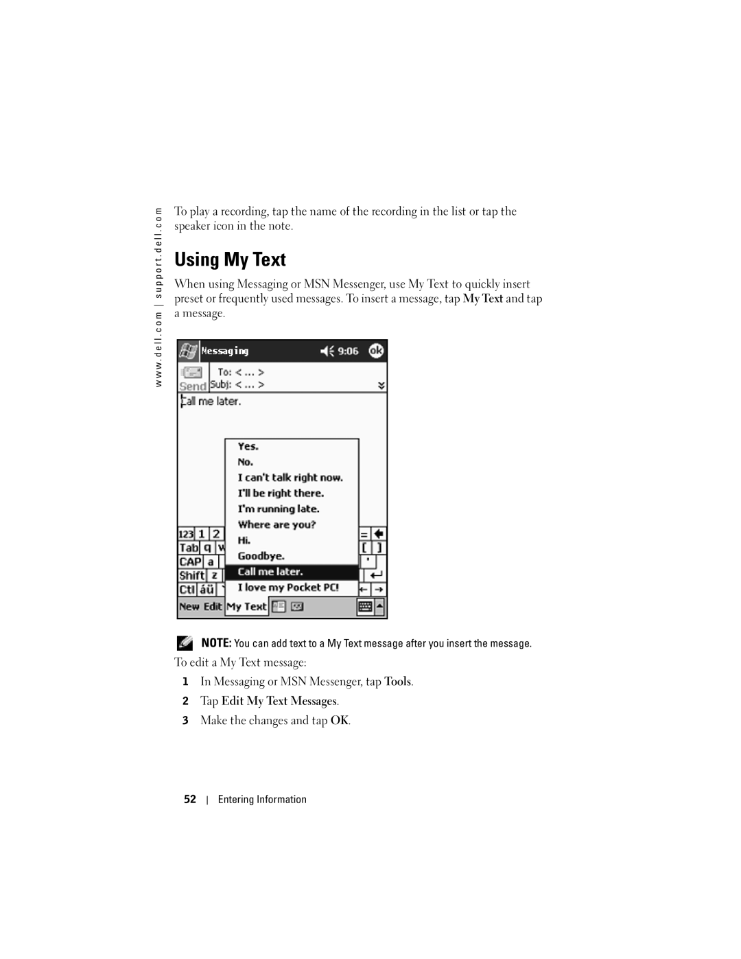 Dell HC03UL, X50, HD04U owner manual Using My Text, Tap Edit My Text Messages 