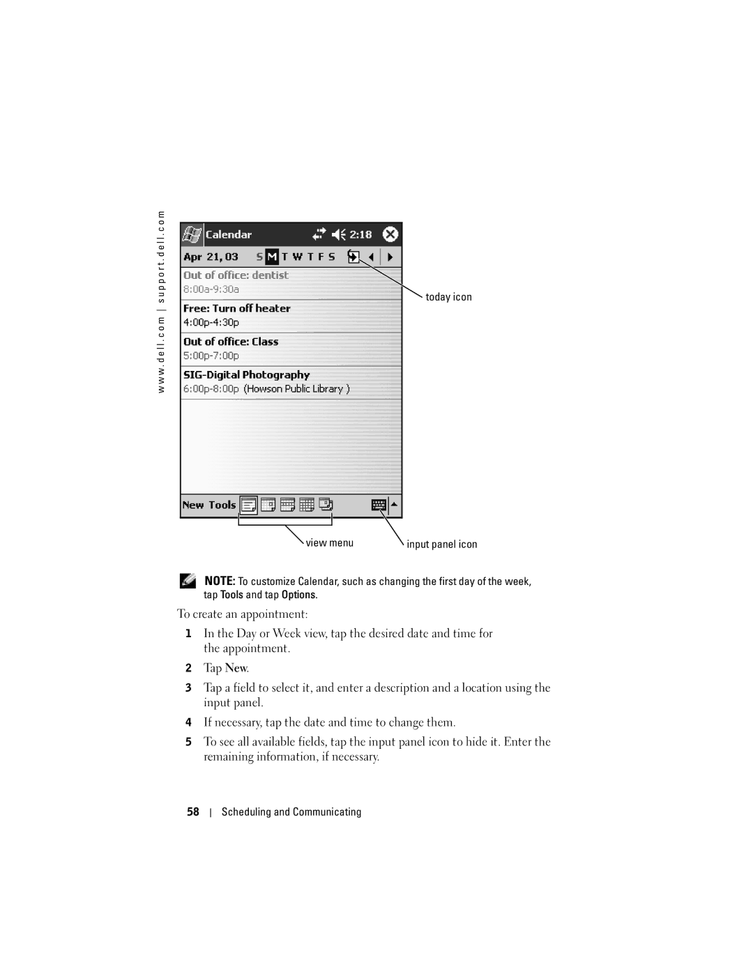 Dell HC03UL, X50, HD04U owner manual Today icon View menu, Scheduling and Communicating 