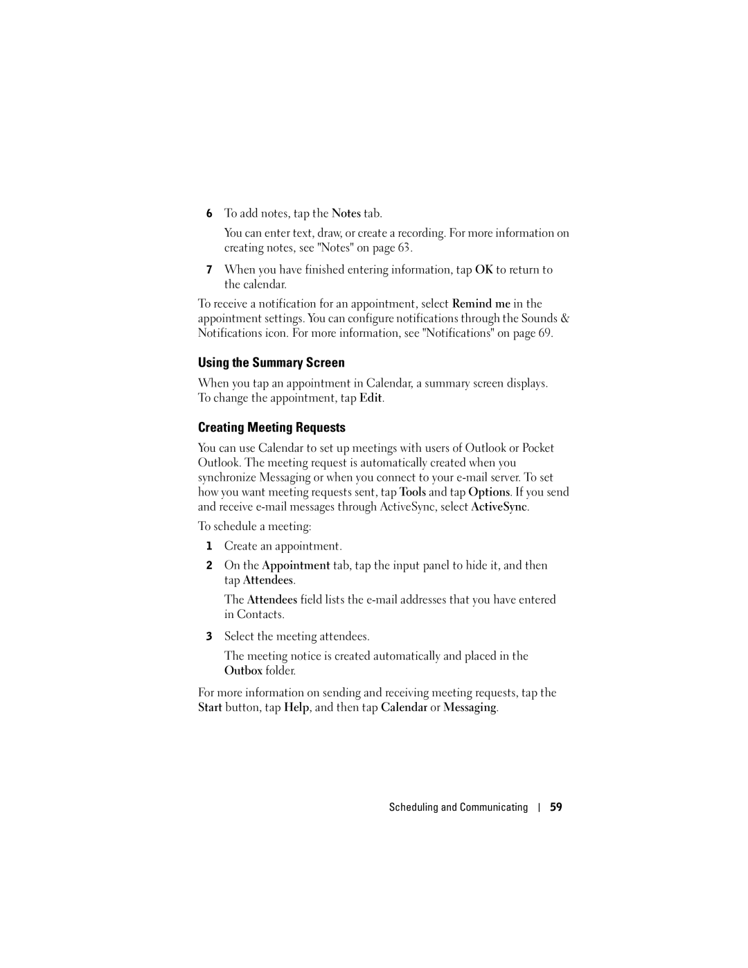 Dell HD04U, X50, HC03UL owner manual Using the Summary Screen, Creating Meeting Requests 