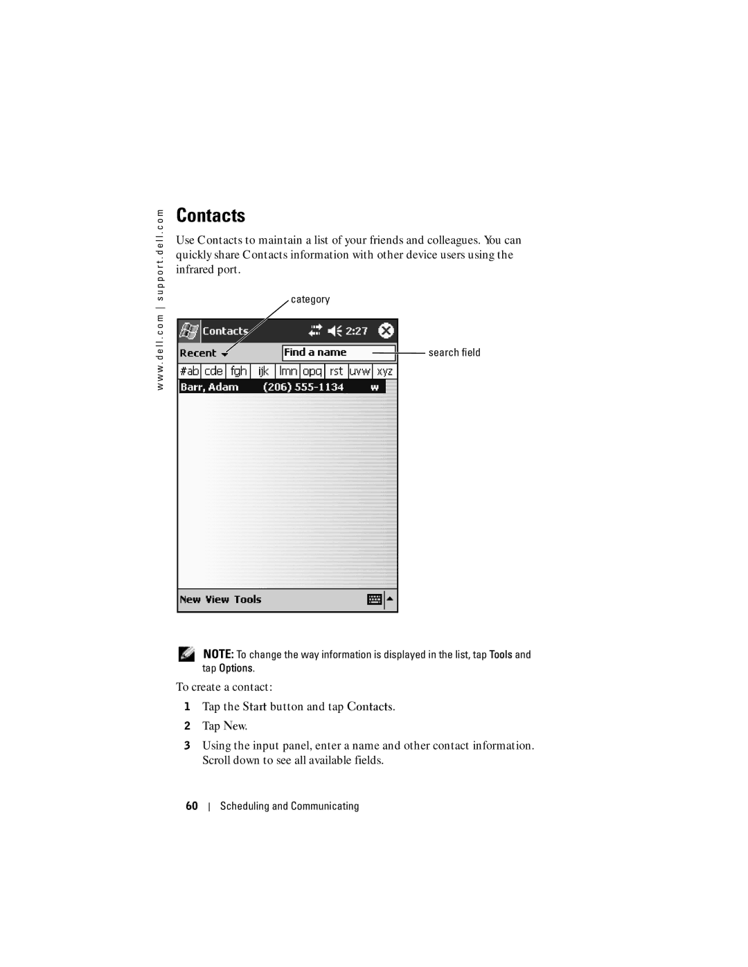 Dell X50, HC03UL, HD04U owner manual Contacts, Category Search field Tap Options 