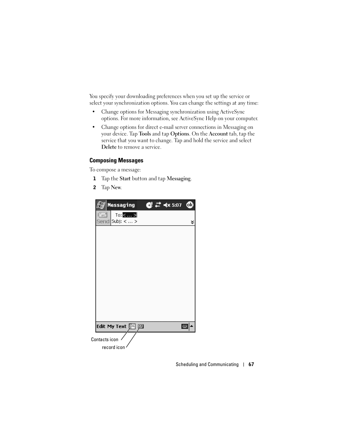 Dell HC03UL, X50, HD04U owner manual Composing Messages, Contacts icon record icon 