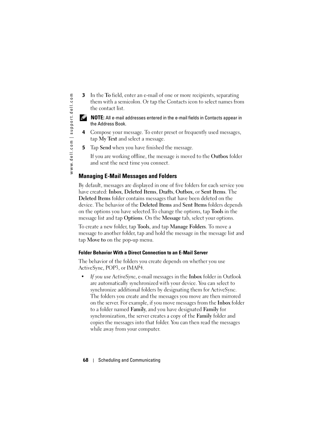 Dell HD04U, X50, HC03UL Managing E-Mail Messages and Folders, Folder Behavior With a Direct Connection to an E-Mail Server 