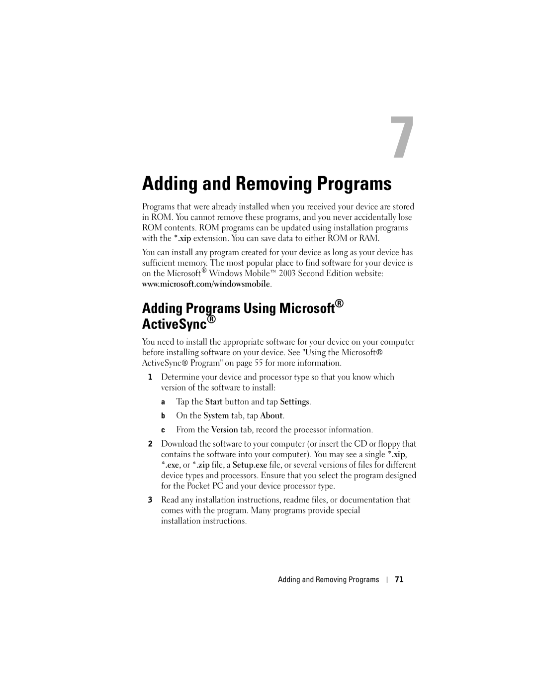 Dell HD04U, X50, HC03UL owner manual Adding and Removing Programs, Adding Programs Using Microsoft ActiveSync 