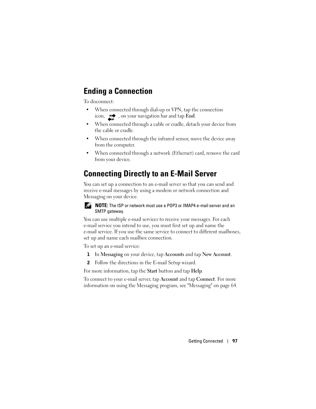 Dell HC03UL, X50, HD04U owner manual Ending a Connection, Connecting Directly to an E-Mail Server 