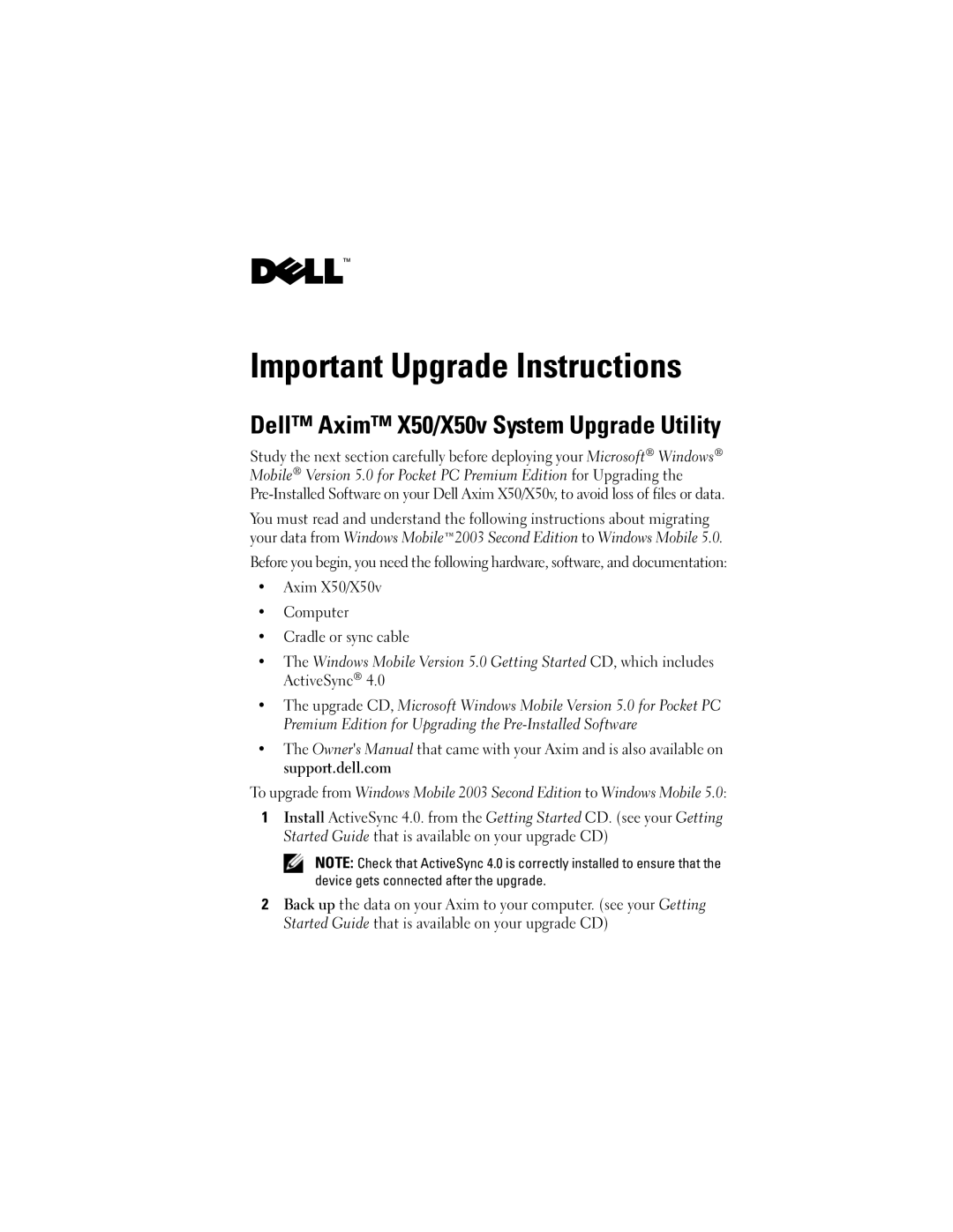 Dell owner manual Important Upgrade Instructions, Dell Axim X50/X50v System Upgrade Utility 