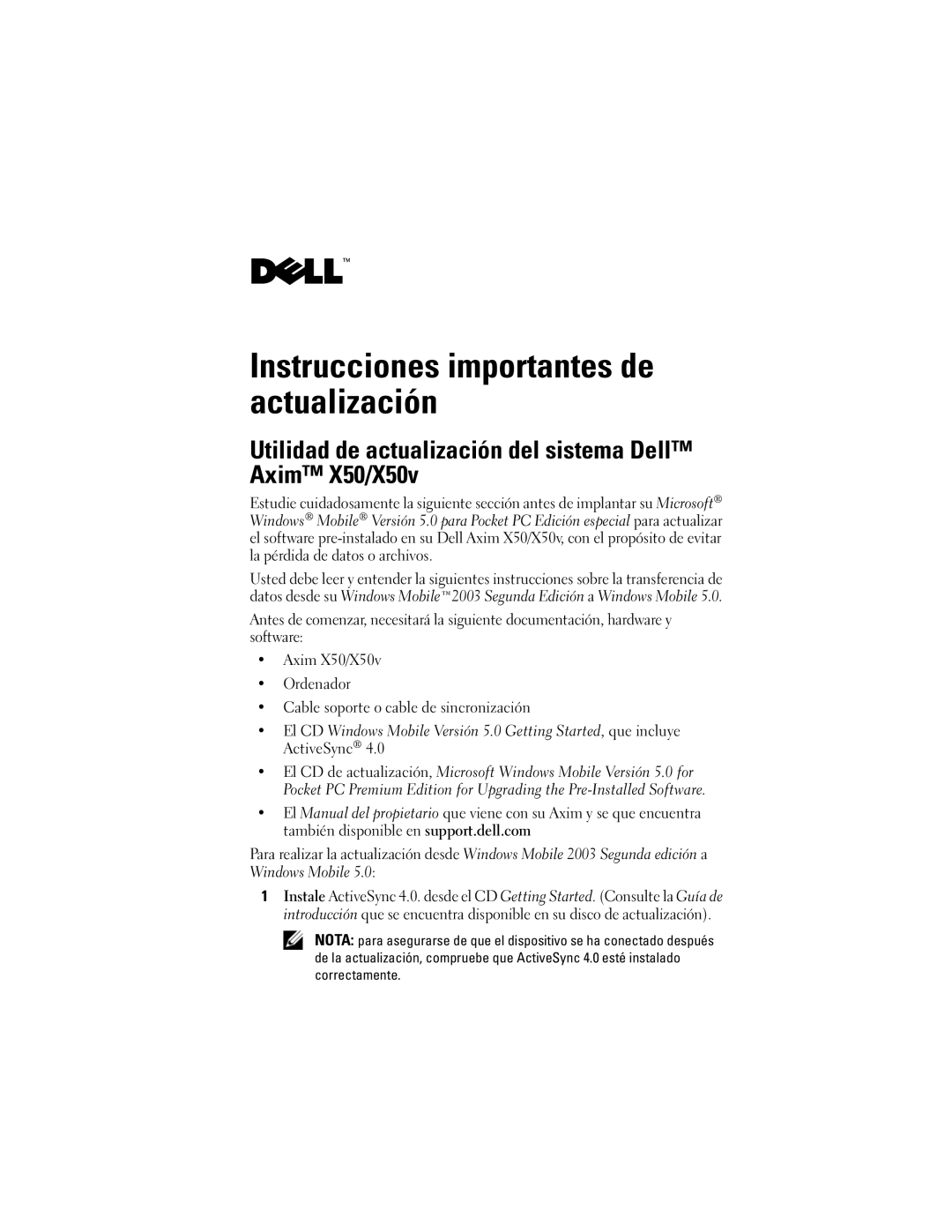 Dell owner manual Instrucciones importantes de actualización, Utilidad de actualización del sistema Dell Axim X50/X50v 