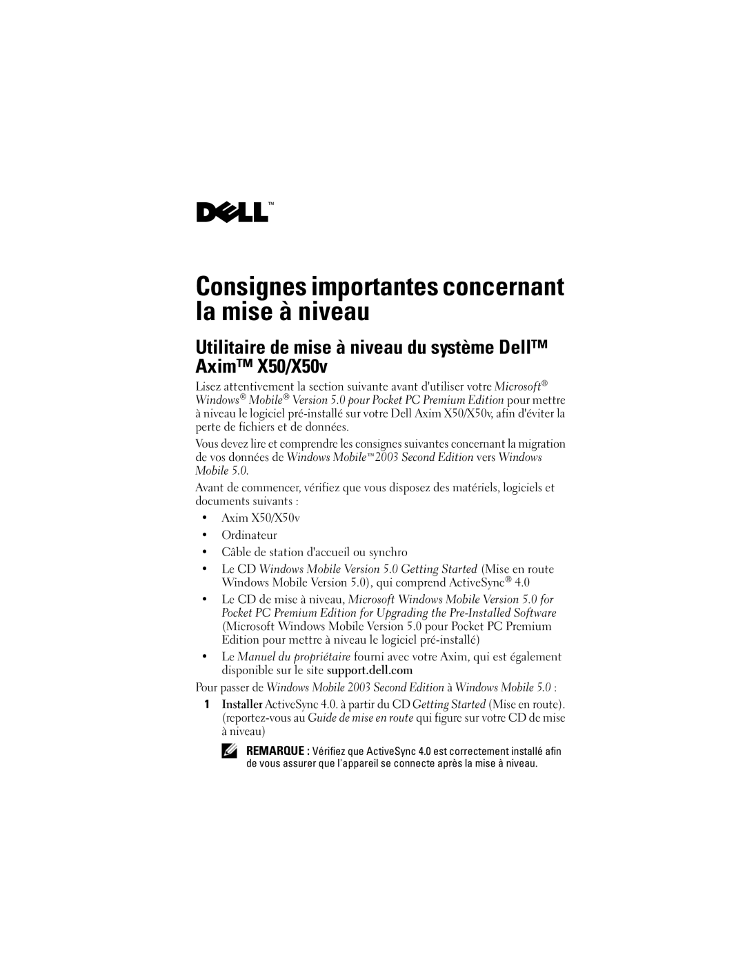 Dell Consignes importantes concernant la mise à niveau, Utilitaire de mise à niveau du système Dell Axim X50/X50v 