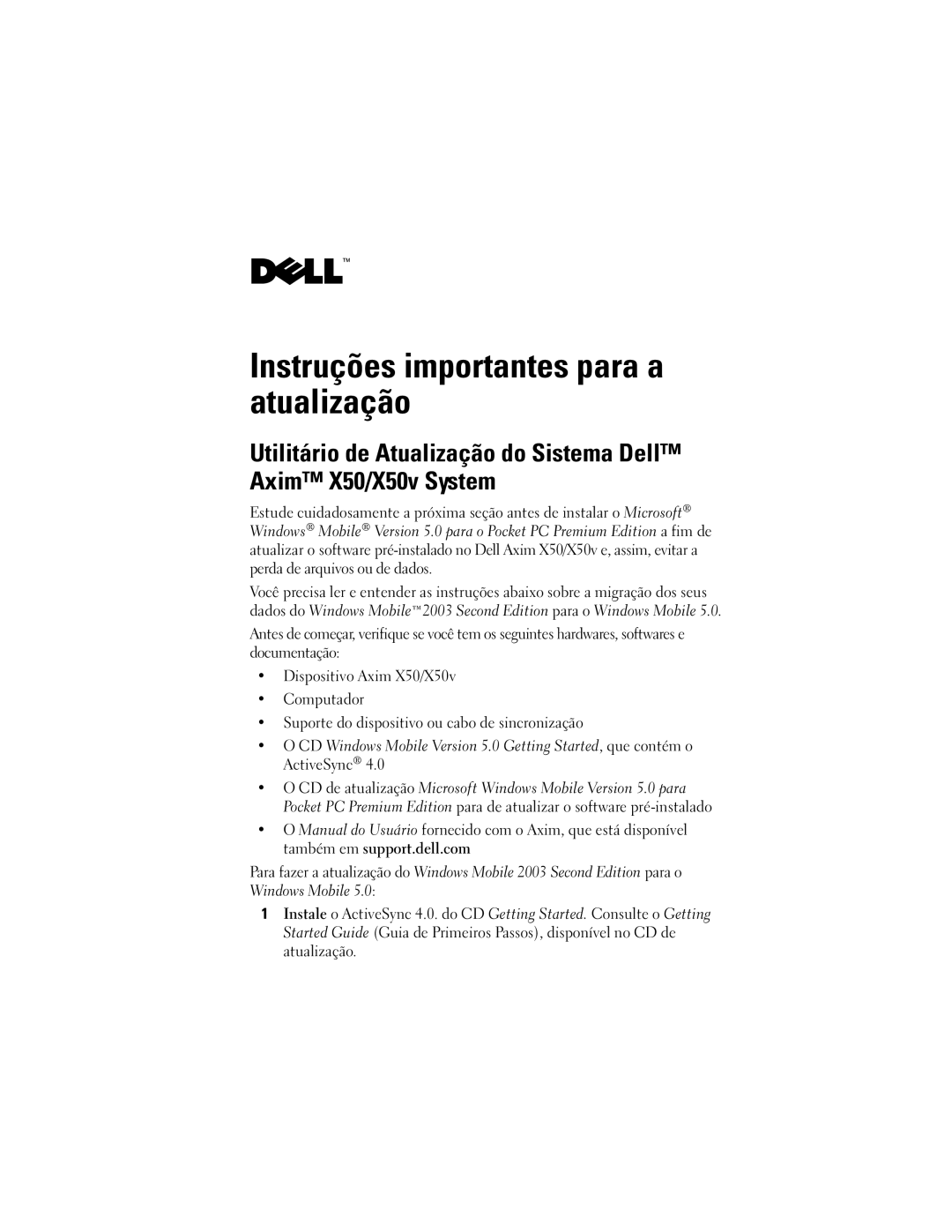 Dell X50v owner manual Instruções importantes para a atualização 