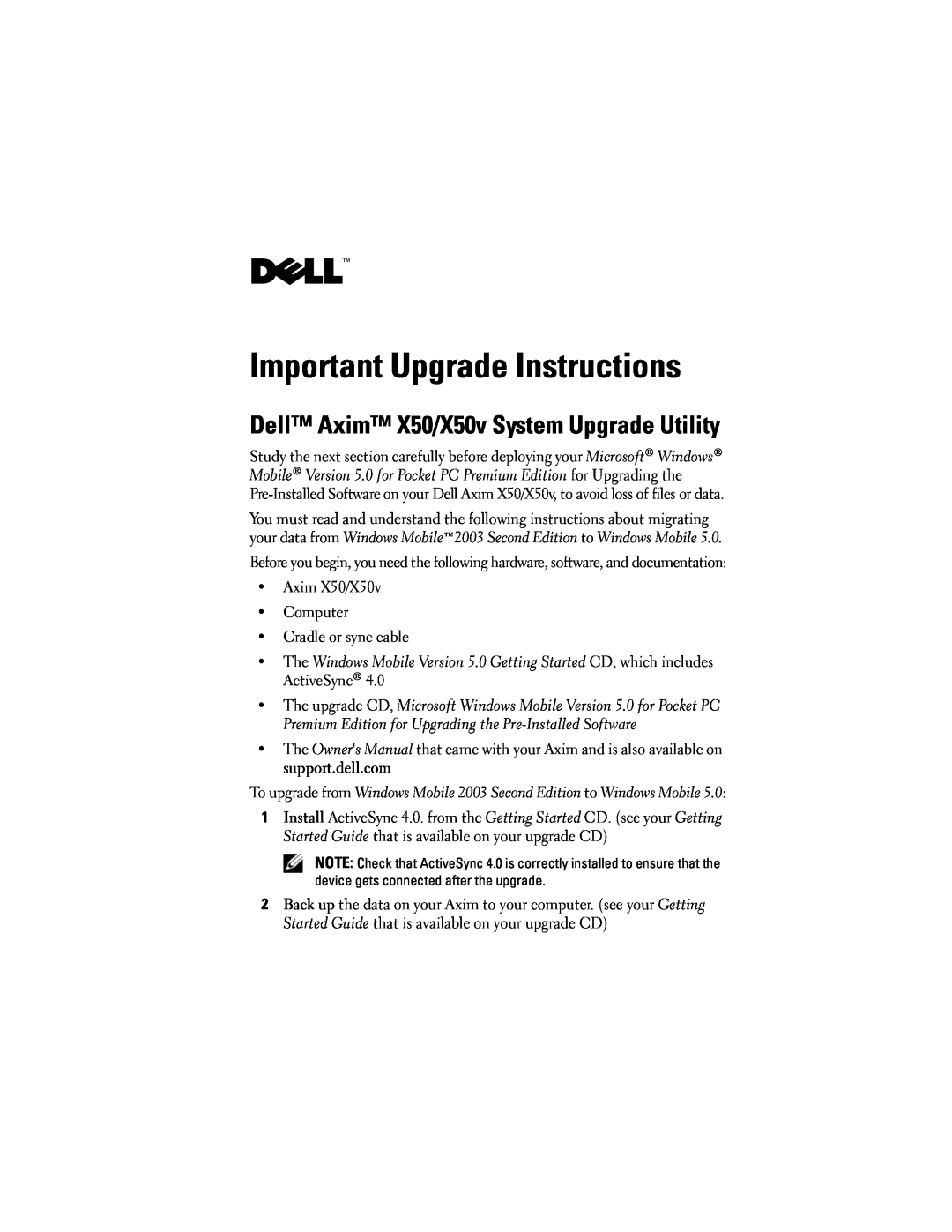 Dell owner manual Important Upgrade Instructions, Dell Axim X50/X50v System Upgrade Utility 
