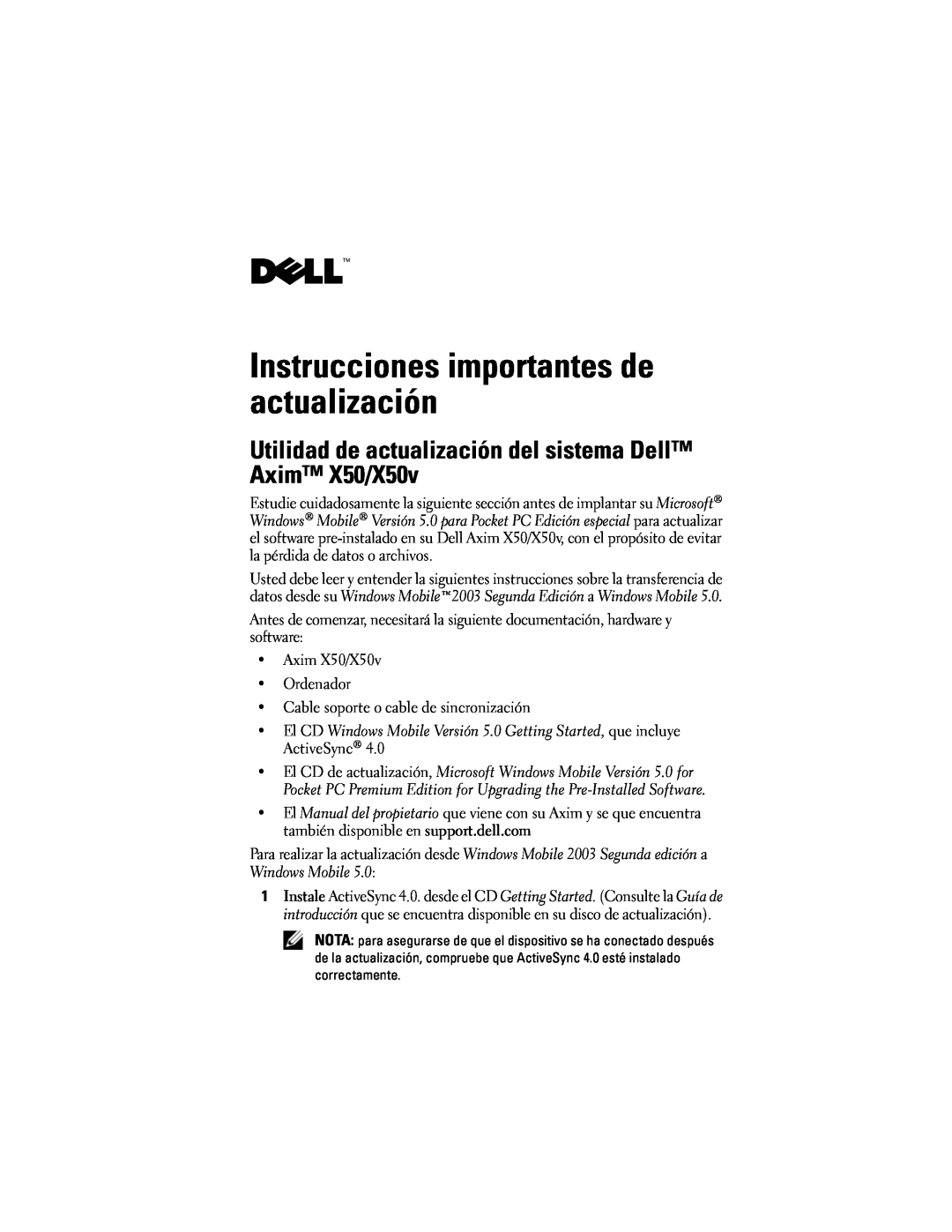 Dell owner manual Instrucciones importantes de actualización, Utilidad de actualización del sistema Dell Axim X50/X50v 