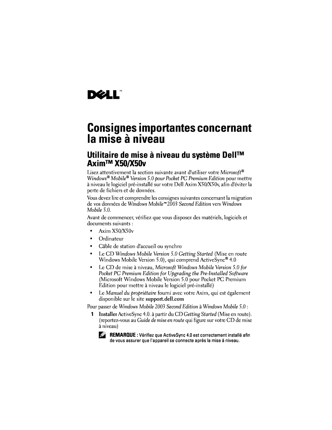 Dell Consignes importantes concernant la mise à niveau, Utilitaire de mise à niveau du système Dell Axim X50/X50v 