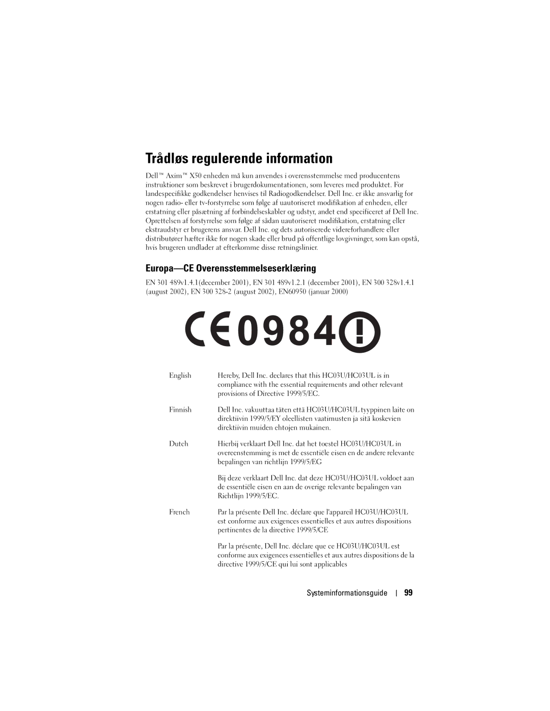 Dell X50 manual Trådløs regulerende information, Europa-CE Overensstemmelseserklæring 