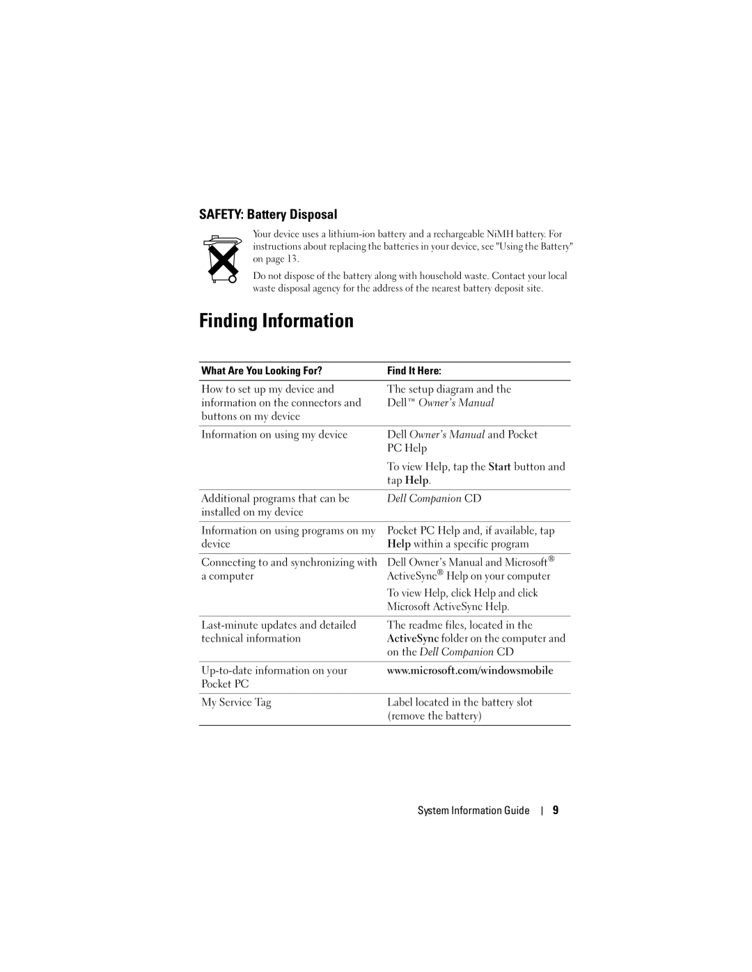 Dell X50 manual Finding Information, Safety Battery Disposal 