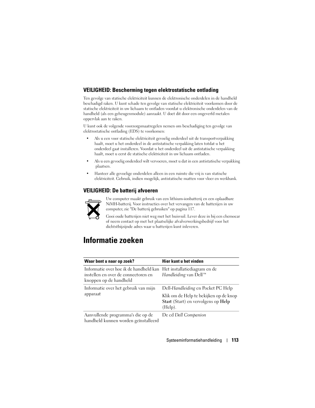 Dell X50 Informatie zoeken, Veiligheid Bescherming tegen elektrostatische ontlading, Veiligheid De batterij afvoeren, 113 