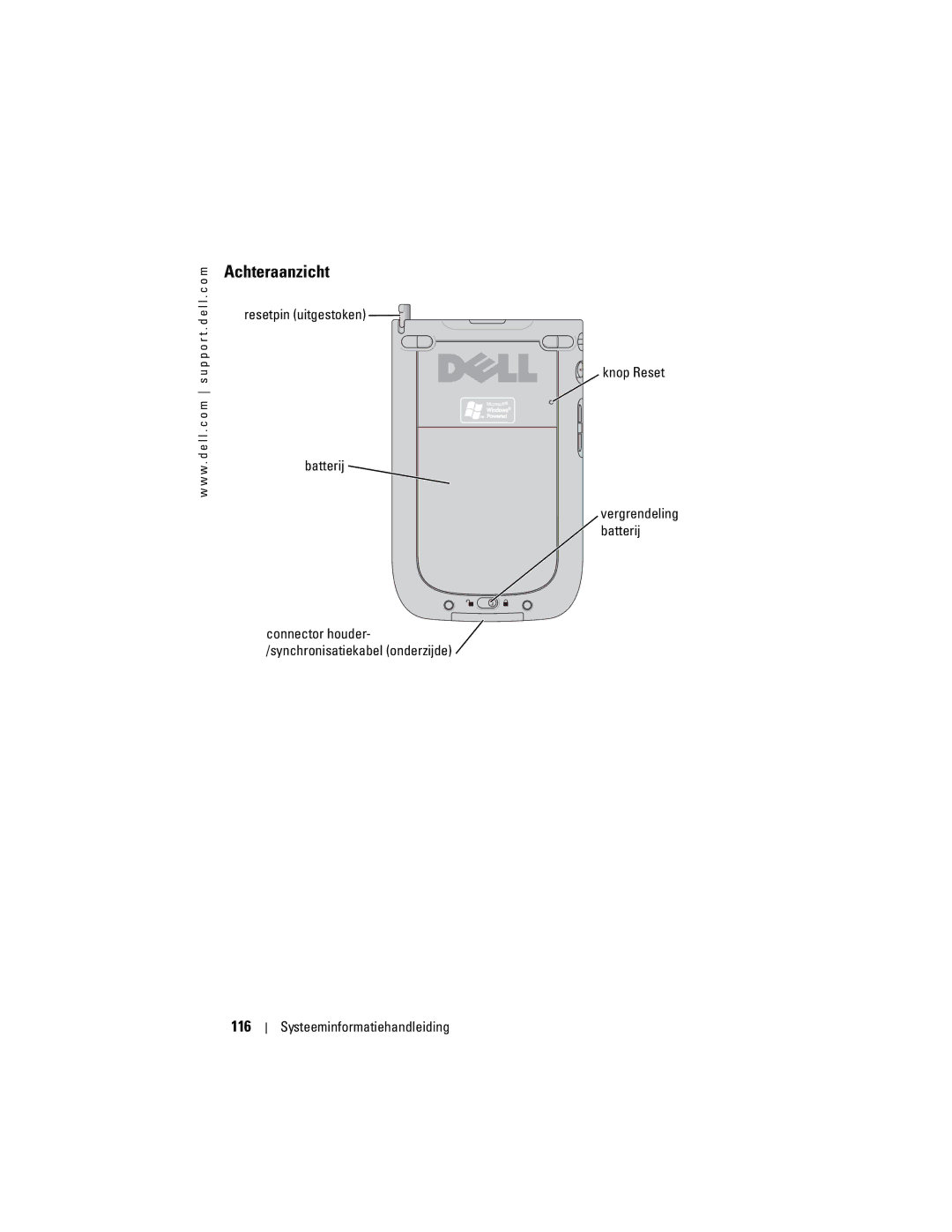 Dell X50 manual Achteraanzicht, 116, Resetpin uitgestoken Knop Reset Batterij 