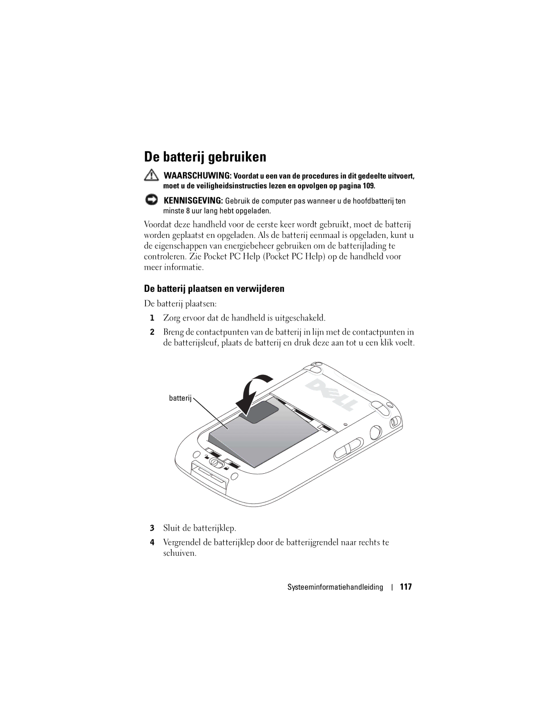 Dell X50 manual De batterij gebruiken, De batterij plaatsen en verwijderen, 117 